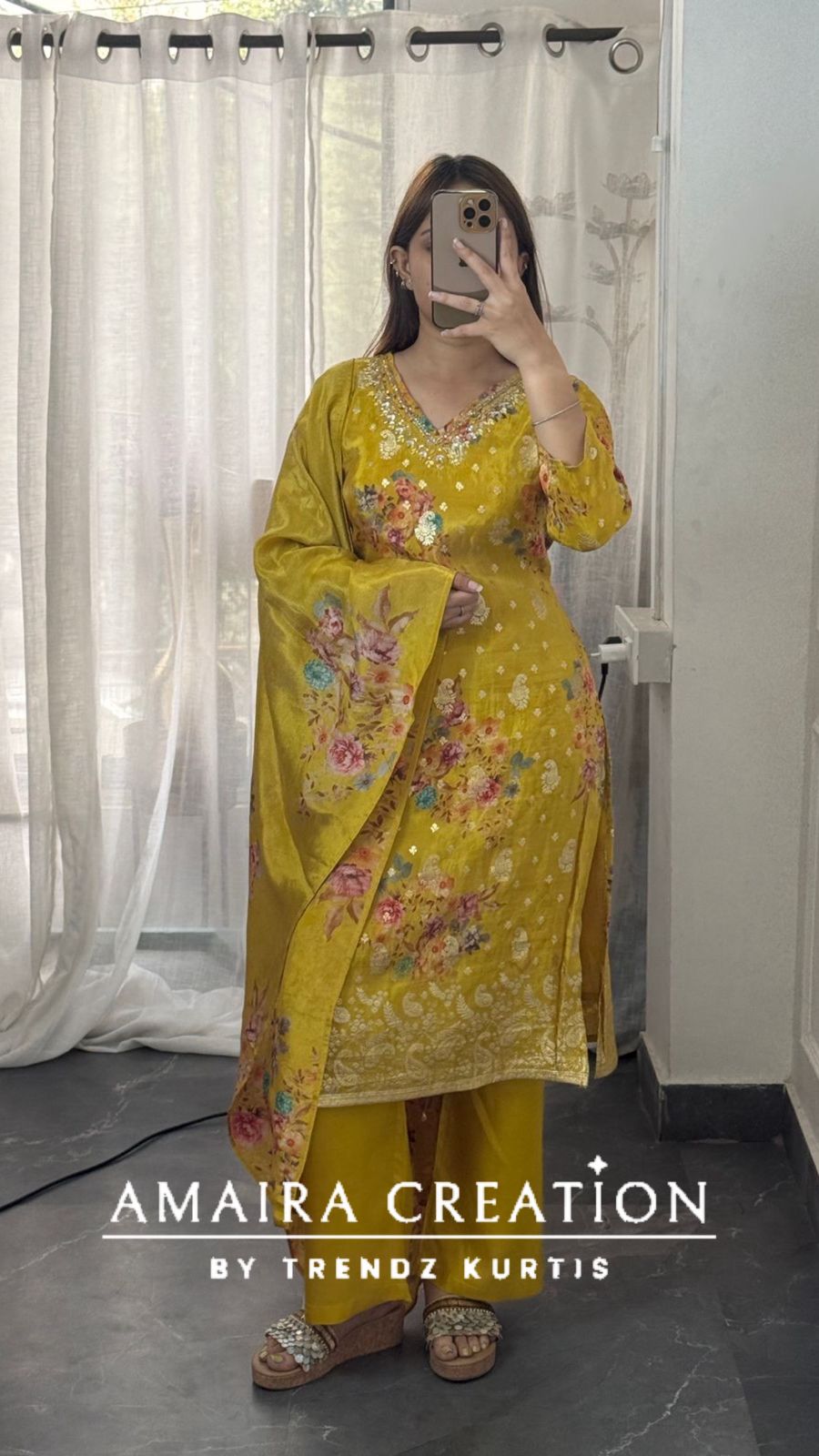 Premium Glass Tissue Mustard Colour Banarasi Pattern Floral Print Pant set