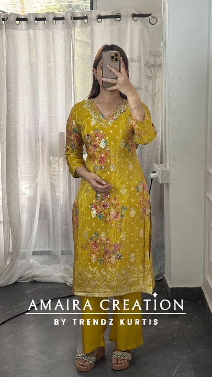 Premium Glass Tissue Mustard Colour Banarasi Pattern Floral Print Pant set