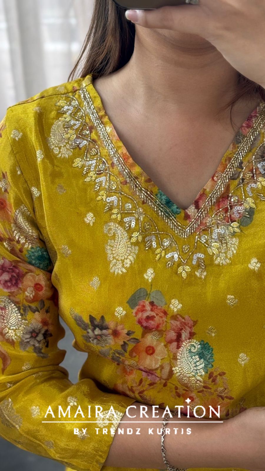 Premium Glass Tissue Mustard Colour Banarasi Pattern Floral Print Pant set