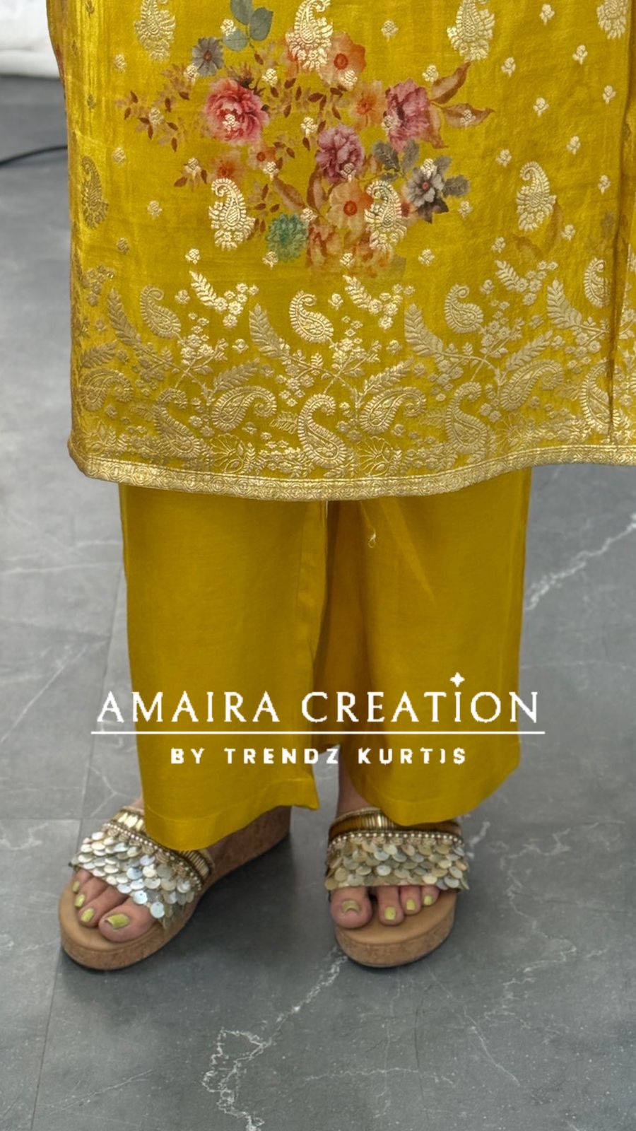 Premium Glass Tissue Mustard Colour Banarasi Pattern Floral Print Pant set