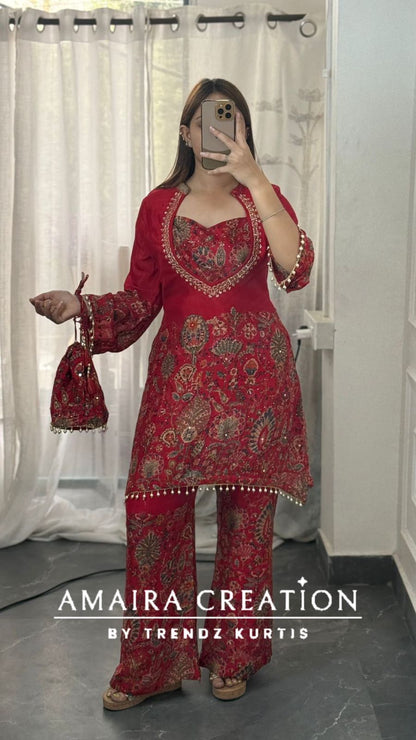 Premium Chinnon Burster Pattern C Cut Style Cord Set With Potli Bag