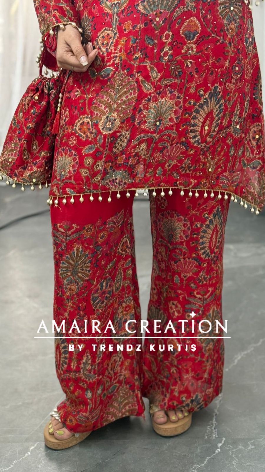 Premium Chinnon Burster Pattern C Cut Style Cord Set With Potli Bag