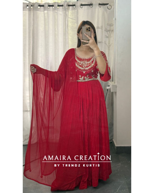 Premium Chinnon Red Colour One piece With Beautiful Hand Work