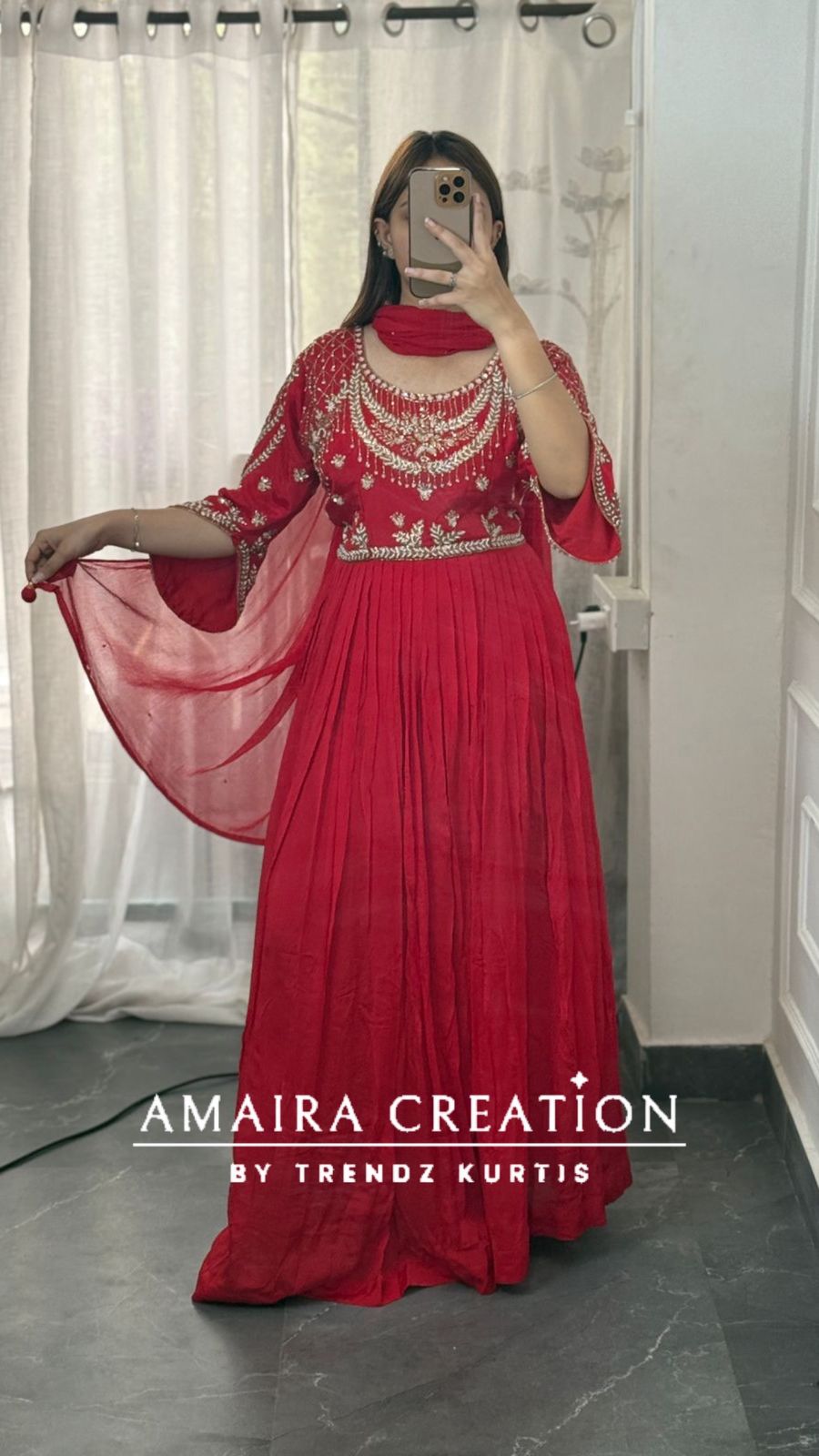 Premium Chinnon Red Colour One piece With Beautiful Hand Work