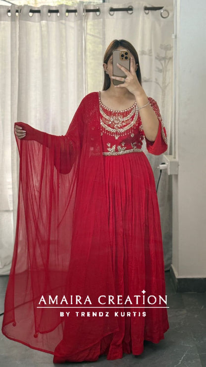 Premium Chinnon Red Colour One piece With Beautiful Hand Work