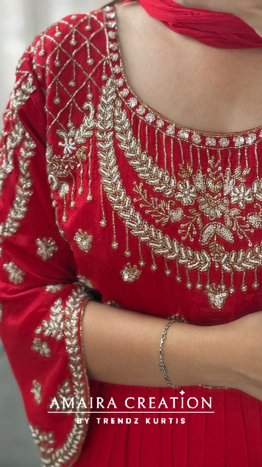 Premium Chinnon Red Colour One piece With Beautiful Hand Work