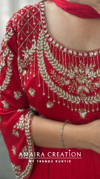 Premium Chinnon Red Colour One piece With Beautiful Hand Work