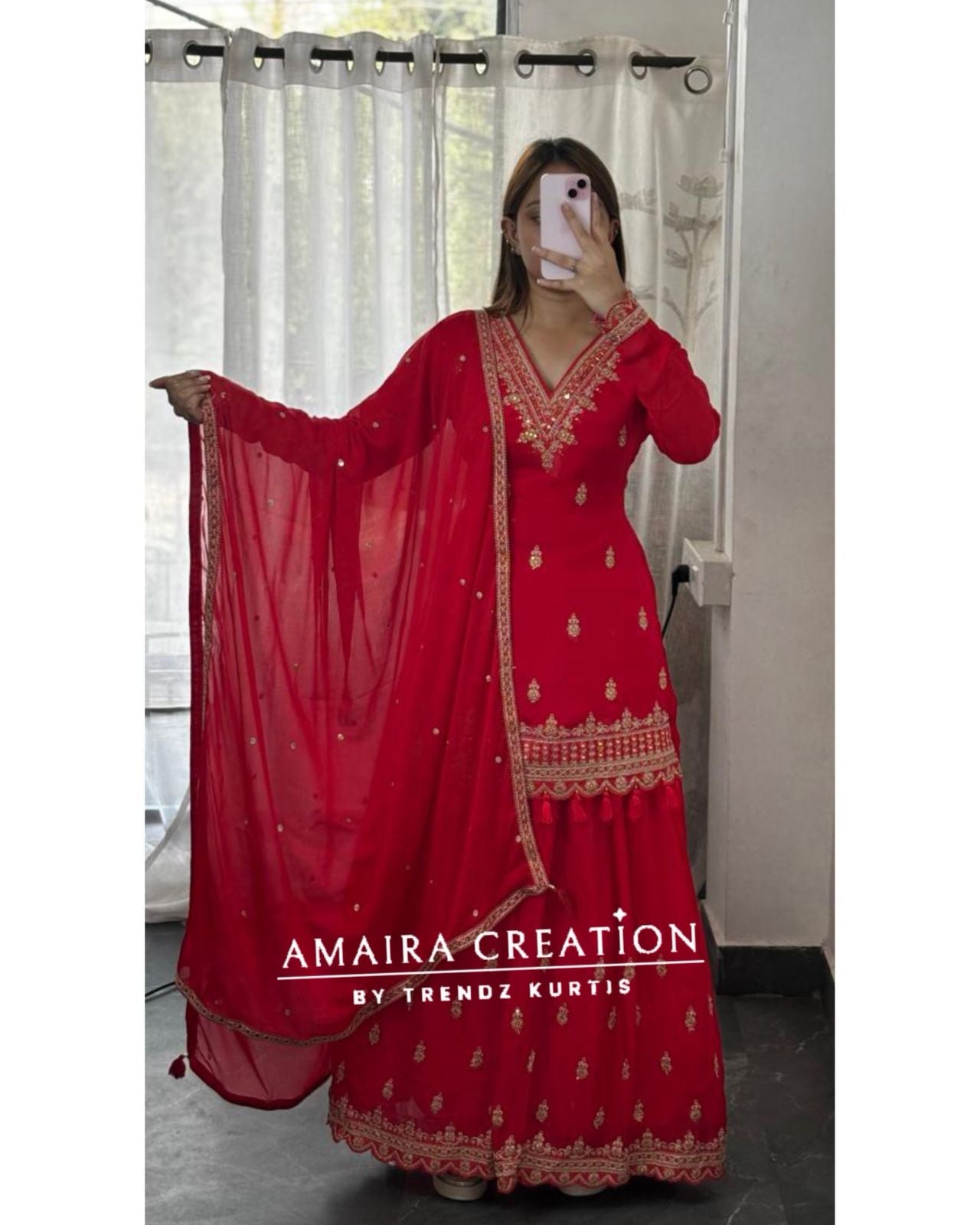 Premium Chinnon Red Colour Skirt Set