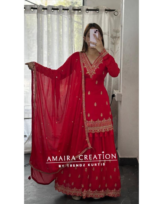 Premium Chinnon Red Colour Skirt Set