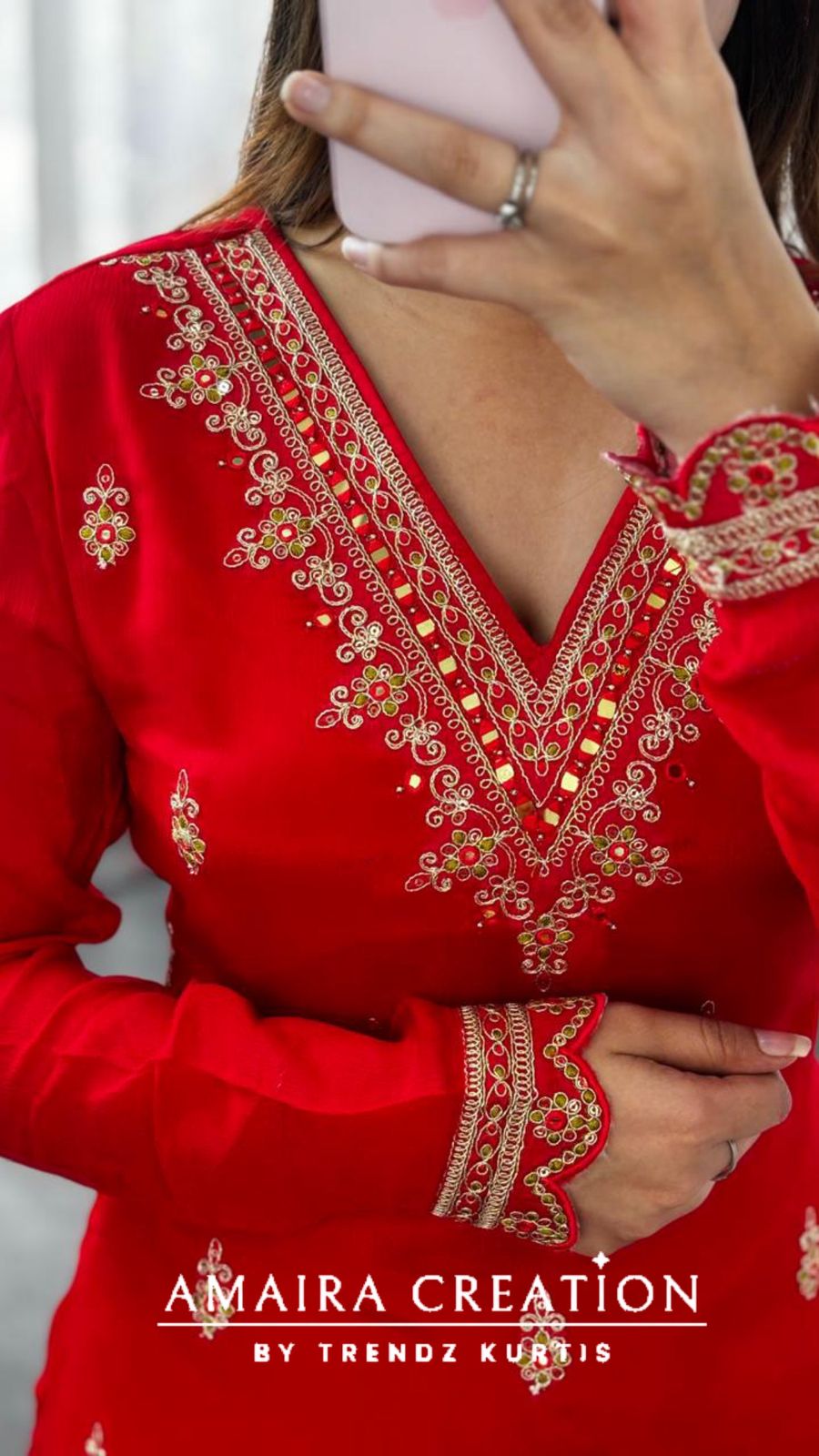 Premium Chinnon Red Colour Skirt Set