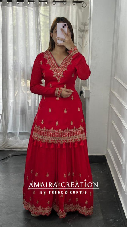 Premium Chinnon Red Colour Skirt Set