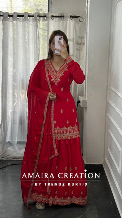 Premium Chinnon Red Colour Skirt Set