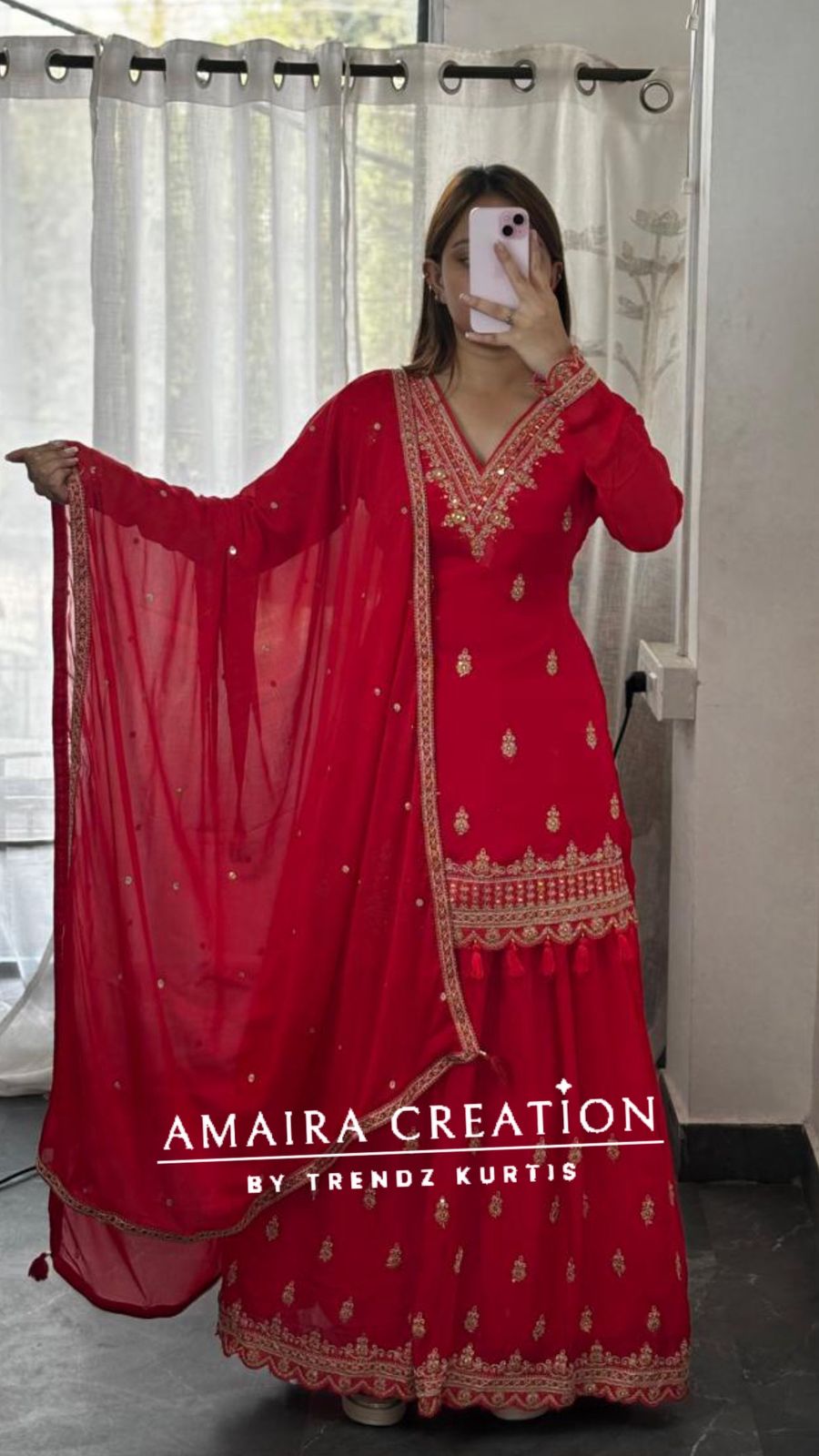 Premium Chinnon Red Colour Skirt Set