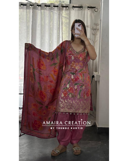 Premium Glass Tissue Pink Colour Banarasi Pattern Salwar Set (14 inches sleeves available)
