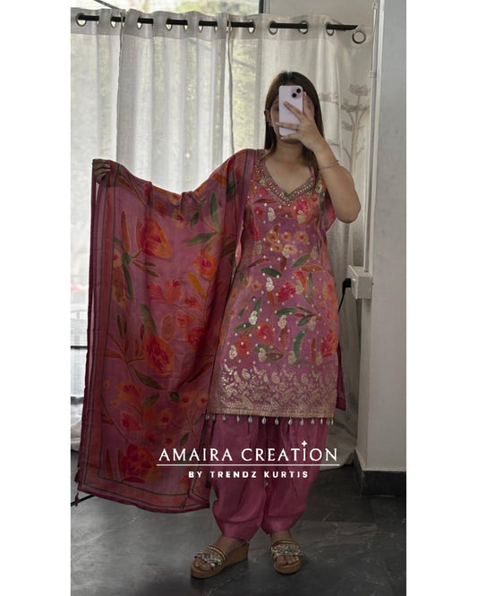 Premium Glass Tissue Pink Colour Banarasi Pattern Salwar Set (14 inches sleeves available)