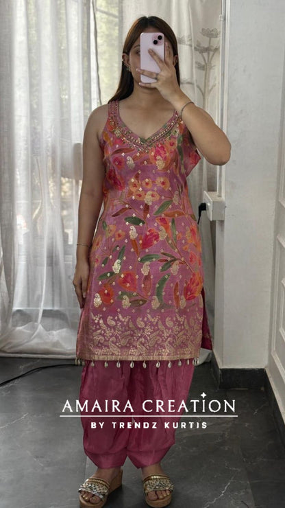 Premium Glass Tissue Pink Colour Banarasi Pattern Salwar Set (14 inches sleeves available)