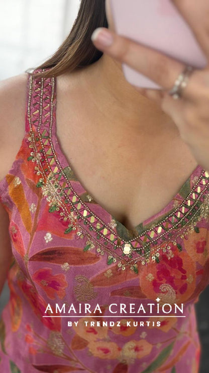 Premium Glass Tissue Pink Colour Banarasi Pattern Salwar Set (14 inches sleeves available)