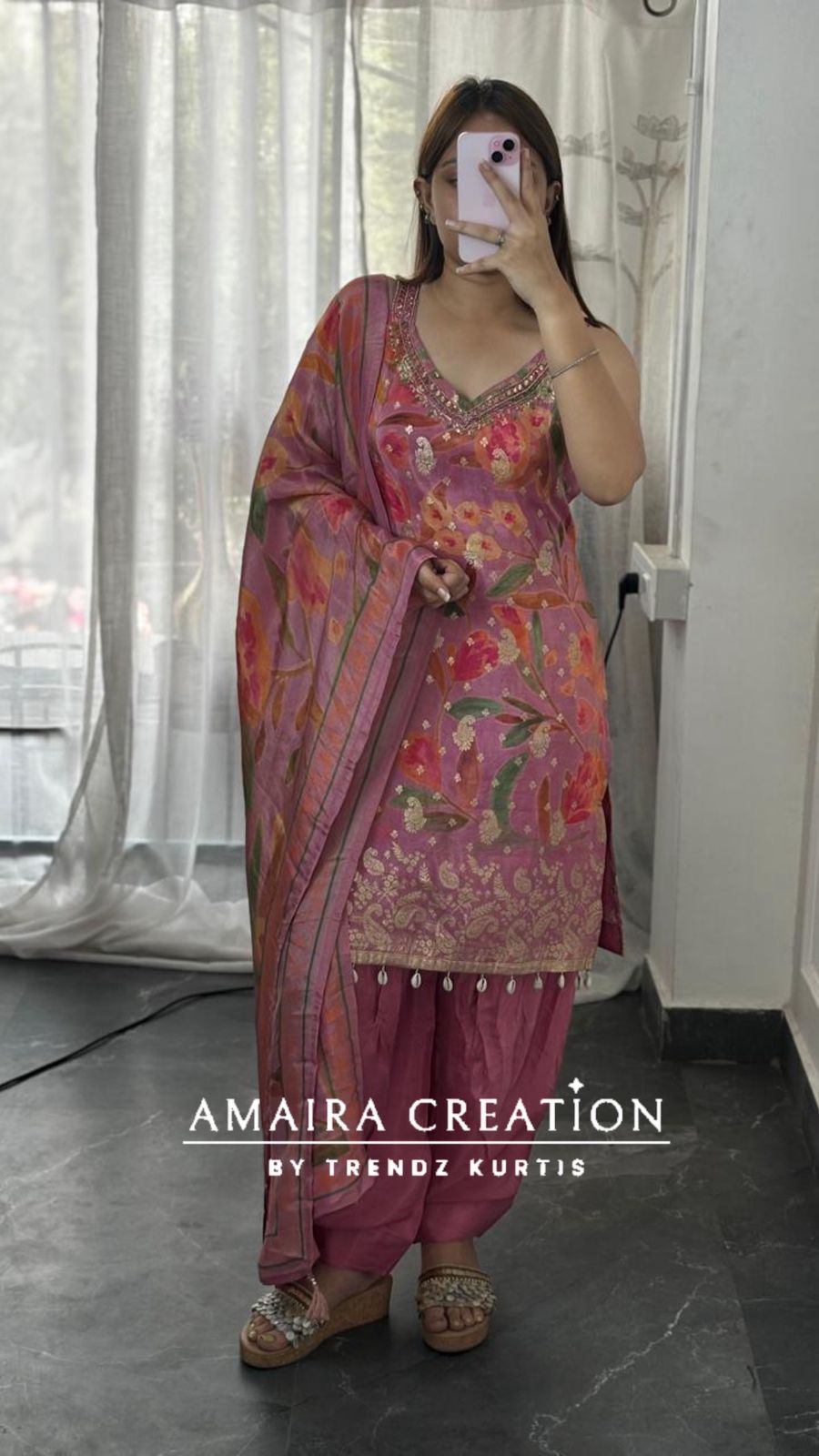 Premium Glass Tissue Pink Colour Banarasi Pattern Salwar Set (14 inches sleeves available)