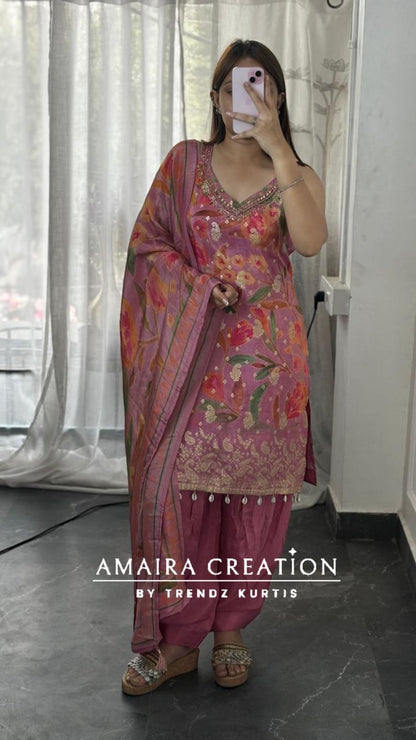 Premium Glass Tissue Pink Colour Banarasi Pattern Salwar Set (14 inches sleeves available)