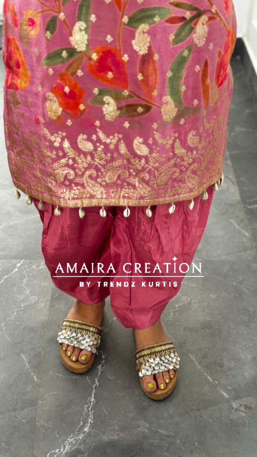 Premium Glass Tissue Pink Colour Banarasi Pattern Salwar Set (14 inches sleeves available)