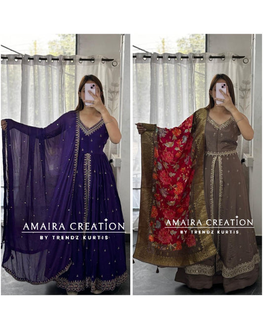 Premium Chinnon Centre Slit Skirt Set(16 inches sleeves available)