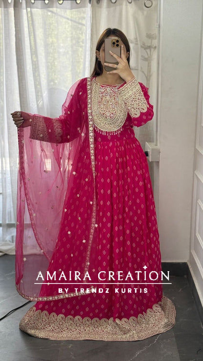 Premium Crepe Magenta Beautiful Embroidered One Piece Gown