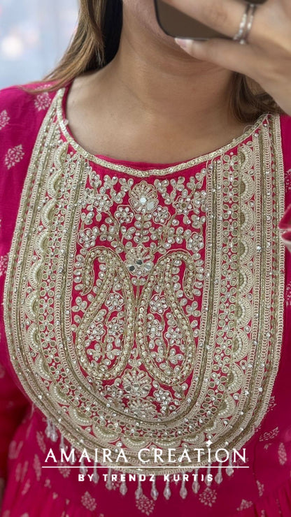 Premium Crepe Magenta Beautiful Embroidered One Piece Gown