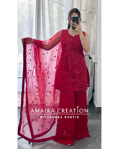 Premium Net Top With Thread Embroiderey, Sequence spreading &  Georgette Sharara Set(16inches Net Sleeves Available)