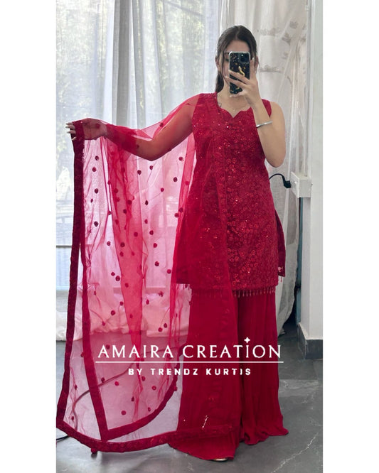 Premium Net Top With Thread Embroiderey, Sequence spreading &  Georgette Sharara Set(16inches Net Sleeves Available)