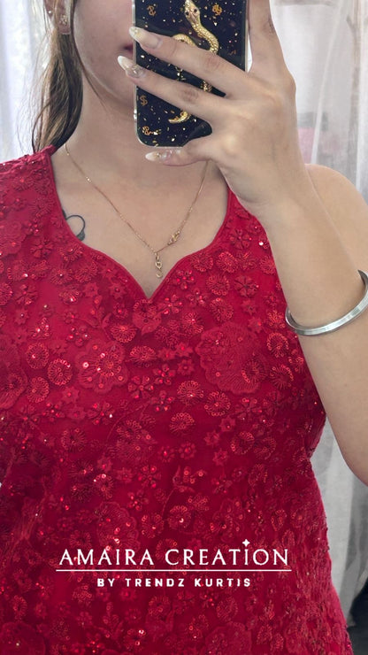 Premium Net Top With Thread Embroiderey, Sequence spreading &  Georgette Sharara Set(16inches Net Sleeves Available)