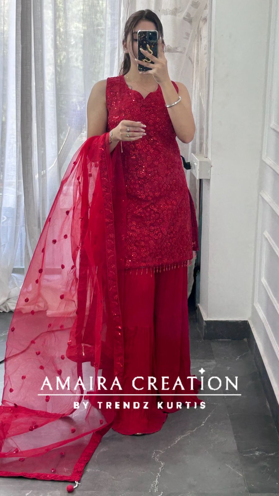 Premium Net Top With Thread Embroiderey, Sequence spreading &  Georgette Sharara Set(16inches Net Sleeves Available)