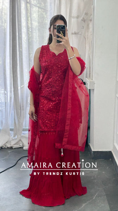 Premium Net Top With Thread Embroiderey, Sequence spreading &  Georgette Sharara Set(16inches Net Sleeves Available)