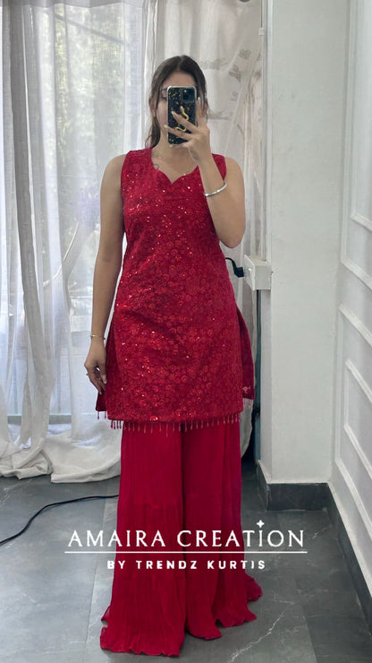 Premium Net Top With Thread Embroiderey, Sequence spreading &  Georgette Sharara Set(16inches Net Sleeves Available)