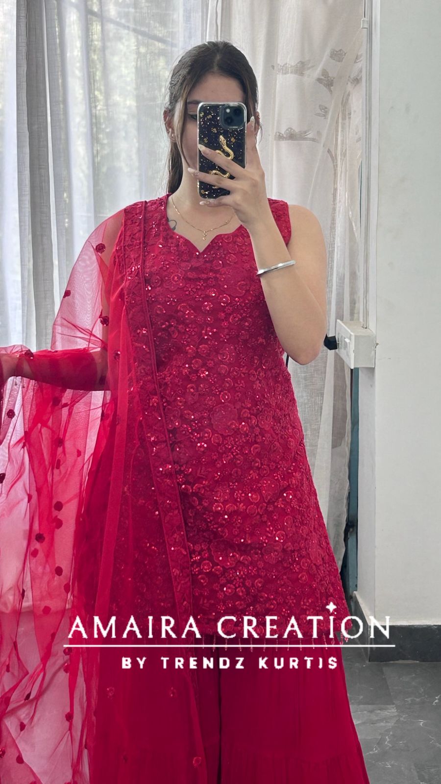 Premium Net Top With Thread Embroiderey, Sequence spreading &  Georgette Sharara Set(16inches Net Sleeves Available)