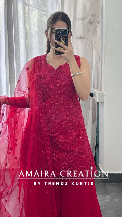 Premium Net Top With Thread Embroiderey, Sequence spreading &  Georgette Sharara Set(16inches Net Sleeves Available)