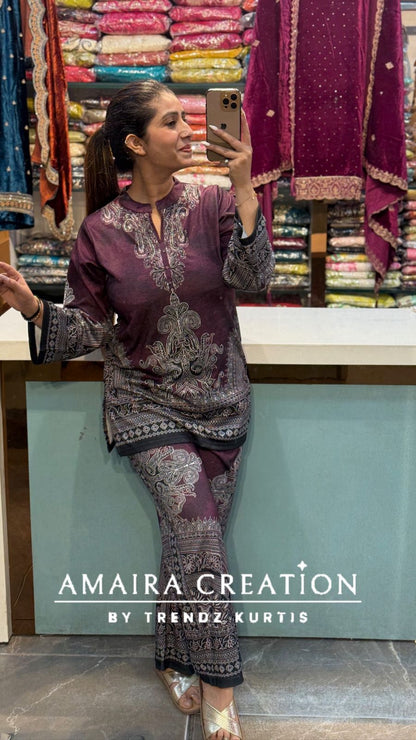 Premium Karachi Woolen Wine Colour Cord Set