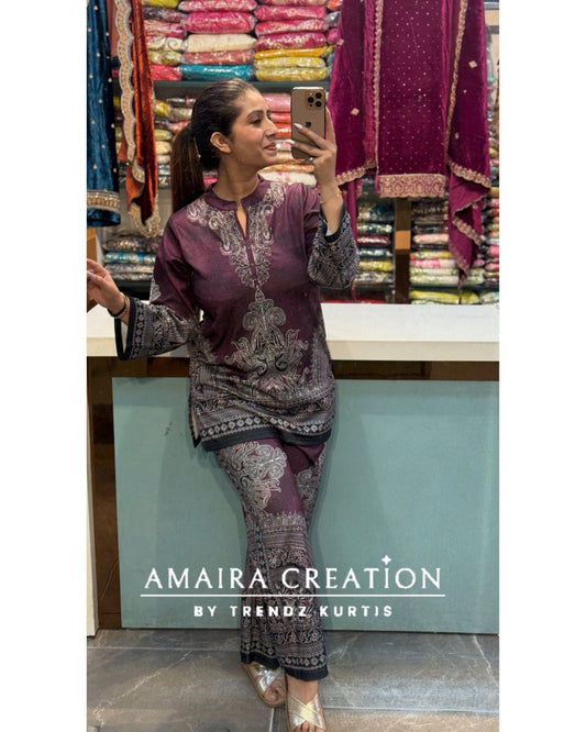 Premium Karachi Woolen Wine Colour Cord Set