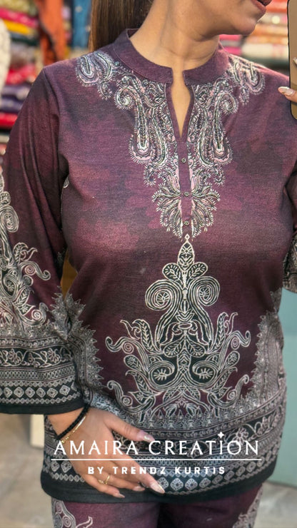 Premium Karachi Woolen Wine Colour Cord Set