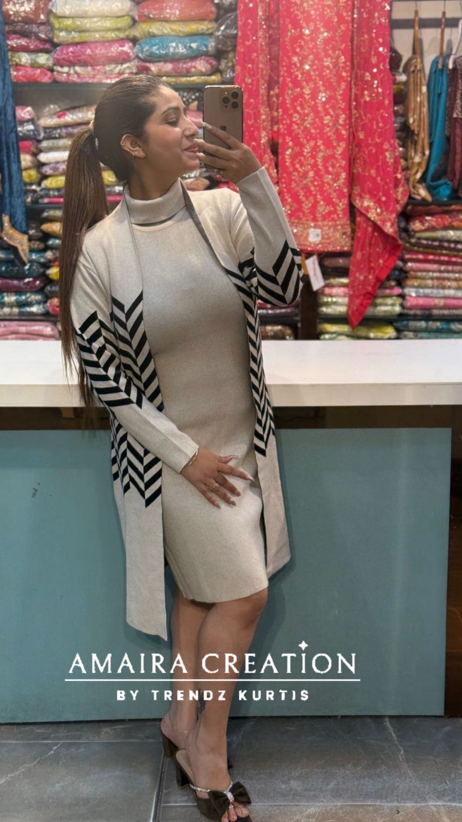 Premium Woolen Cream Black Middi Dress With Shrug