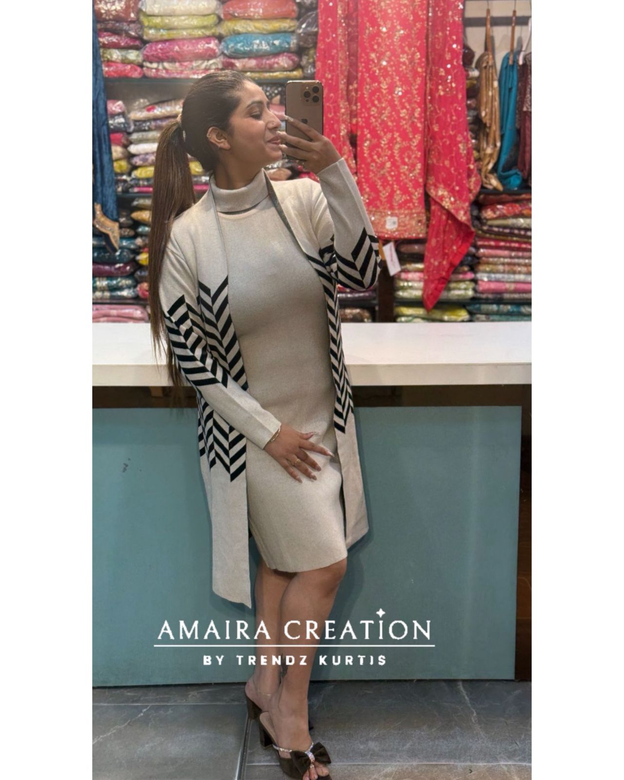 Premium Woolen Cream Black Middi Dress With Shrug