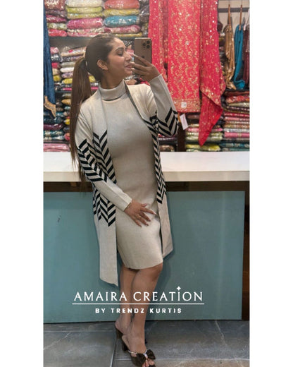 Premium Woolen Cream Black Middi Dress With Shrug