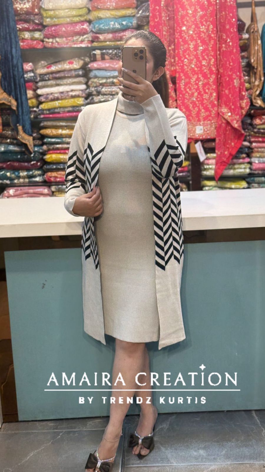 Premium Woolen Cream Black Middi Dress With Shrug