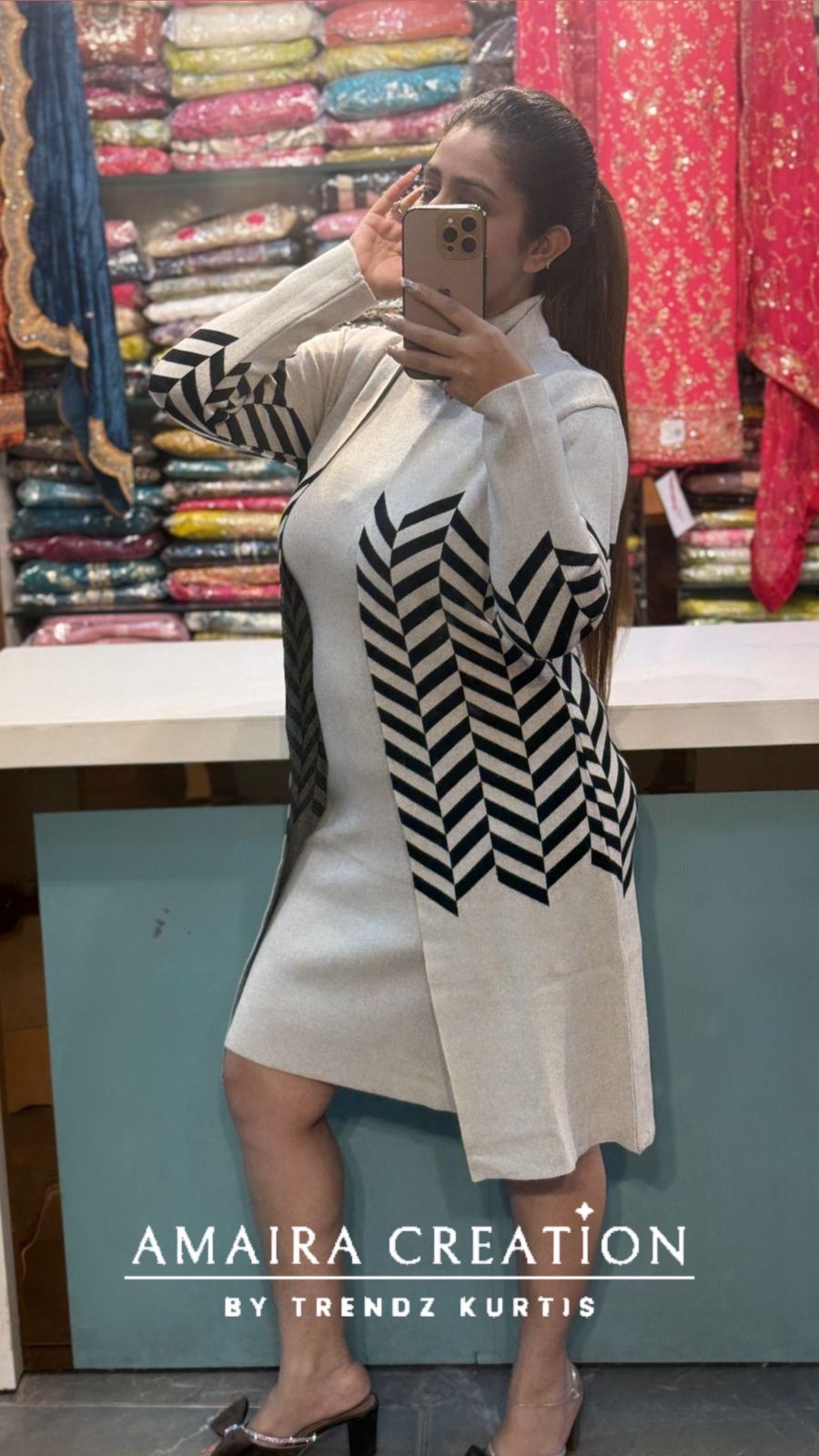 Premium Woolen Cream Black Middi Dress With Shrug