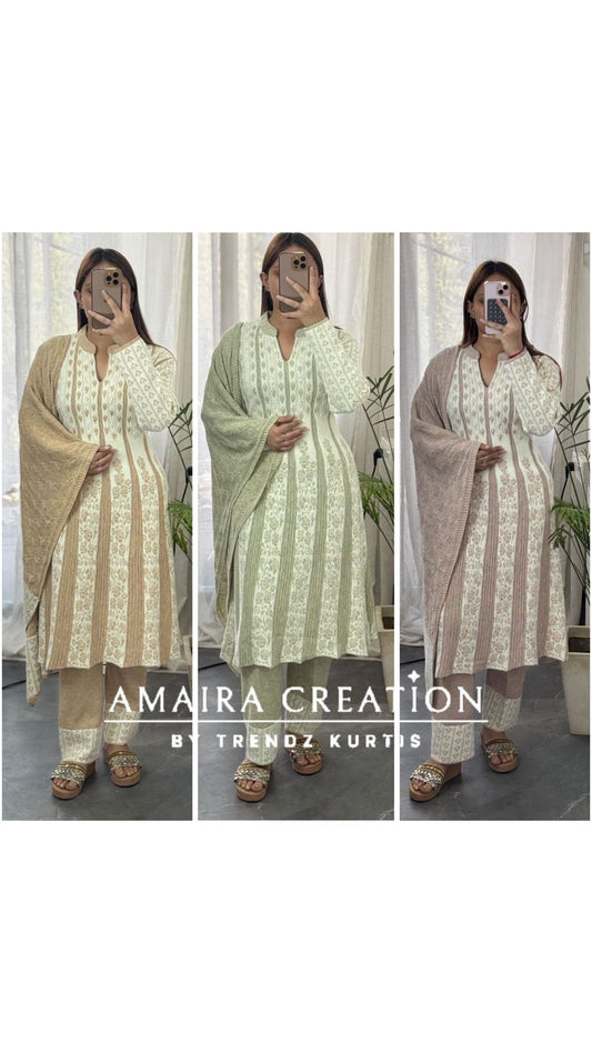 Premium Woolen Thread Embroidered White Anarkali Set