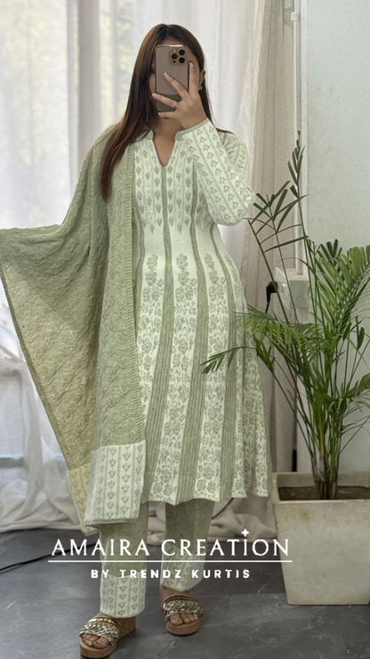 Premium Woolen Thread Embroidered White Anarkali Set