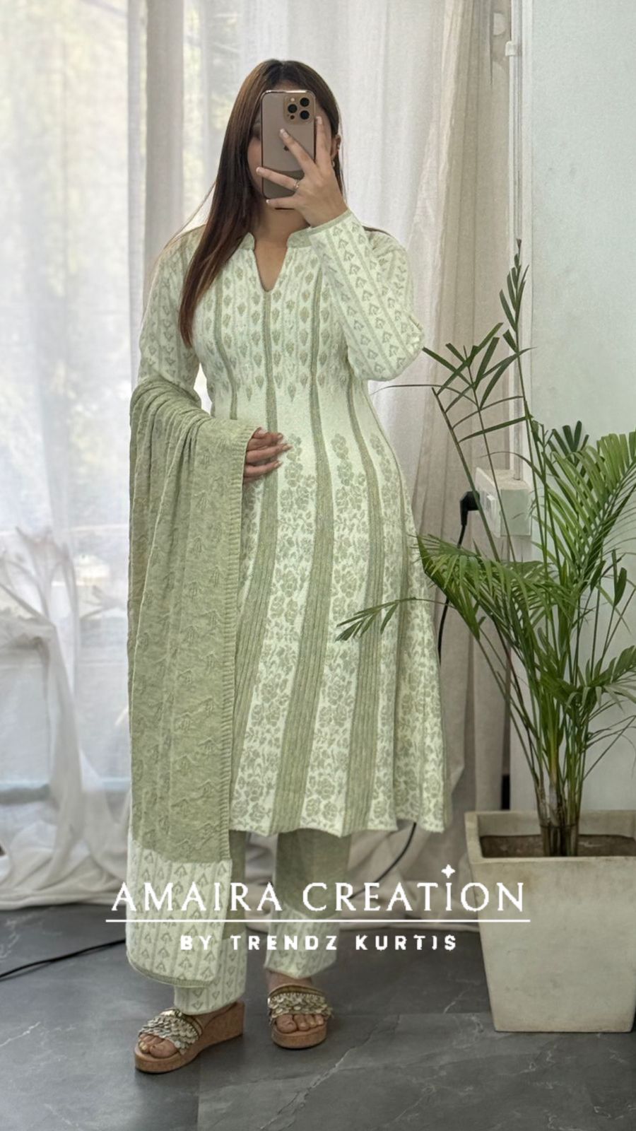 Premium Woolen Thread Embroidered White Anarkali Set