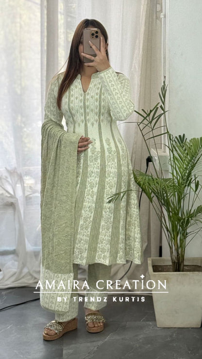 Premium Woolen Thread Embroidered White Anarkali Set