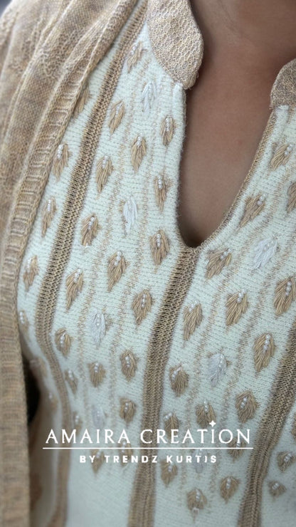 Premium Woolen Thread Embroidered White Anarkali Set