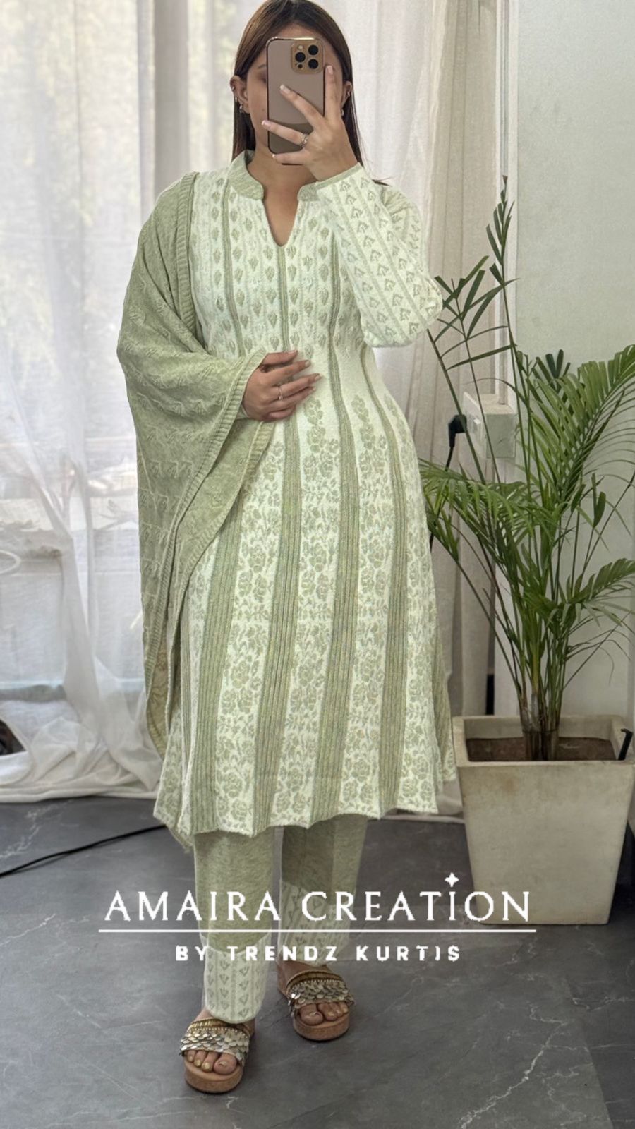 Premium Woolen Thread Embroidered White Anarkali Set