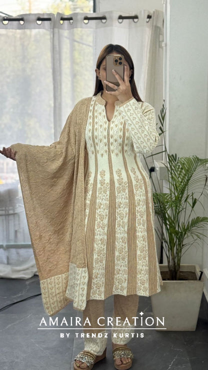 Premium Woolen Thread Embroidered White Anarkali Set
